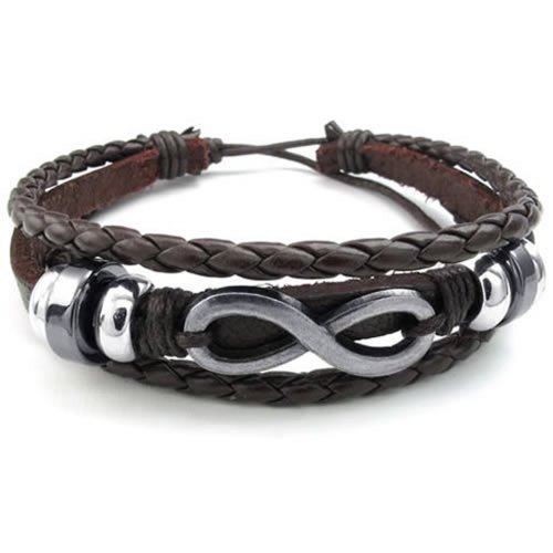 KONOV Jewelry Mens Womens Leather Bracelet, Love Infinity Charm Bangle, Fit 7-9 inch, Brown Silver