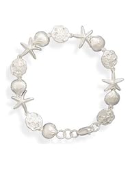 Sterling Silver 925 Sand Dollar and Starfish and Clam Shell Sea Life Charm Bracelet, Fashion Jewelry for Girls and Teens