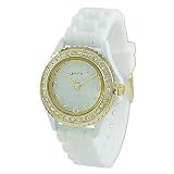 White Silicone Ceramic Style Band Watch with Gold Bezel and Rhinestones/CZ Large Face