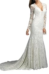V-neck Satin Long Sleeves Natural   Waistline Lace Vintage Wedding Dress  with a Brush/Sweep Train 