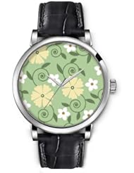 SPRAWL Aanalog Fashion Series Silver Ladies Watches of Genuine Black Leather Strap,Unique Wrist Watch for Women Girls Designed with Yellow and white flowers