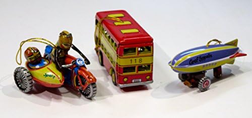 'Sport' Motorcycle and Sidecar, #118 Double Decker Bus & Graf Zeppelin - Set of 3 "Vintage Reproduction" Metal Toy Ornaments (Each Ornament Is Approx. 3.5 " Long X 2 " High)