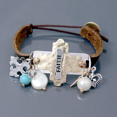 Faith Bracelet -7" Long -Toggle Clasp, Silver and Gold with Turquiose and Pearl Beads