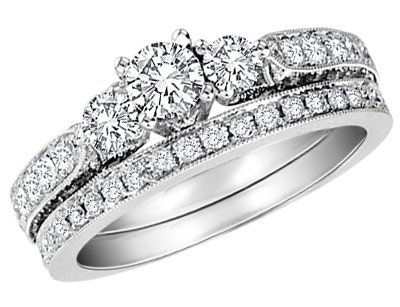 Three Stone Diamond Engagement Ring  &  Wedding Band Set 1.5 Carat (ctw) in 14K White Gold Diamond , Size 7