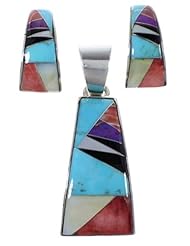 Sterling Silver Pendant Earrings Multicolor Inlay Jewelry Set RS48215
