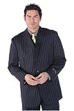 Men's Super 140's Merino Wool Single Breasted 4 Button Navy Pinstripe Wide Leg Suit with Vest