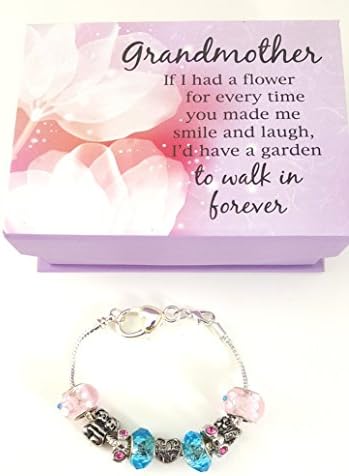 Gift For Grandmother Charm Bracelet Pink Blue Beads 8 Inch Silver Chain Gift Boxed