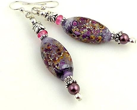 Beaded Purple and Lavender Sterling Silver and Lampwork Dangle Earrings