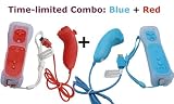 Nintendo Wii Remote and Nunchuck Controller Combo - Blue+ Red (Non Oem)-Includes Silicone Sleeves and Wrist Straps