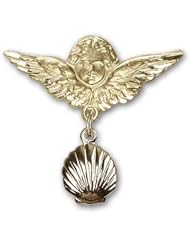 14kt Gold Baby Badge with Shell Charm and Angel w/Wings Badge Pin