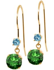 1.26 Ct Round Green Diamond Swiss Blue Topaz 14K Yellow Gold Earrings