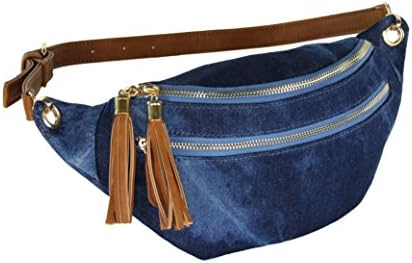 Cute Faded Denim Zipper Pocket Fanny Pack, Fringe Tassels, Fits Up to 37in Waist