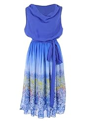 Cowl Neck Floral Print Sleeveless Pleated Midi Dress  With a Sash 