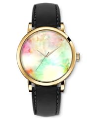 SPRAWL Aanalog Fashion Series Gold Ladies Watches of Genuine Black Leather Strap,Unique Wrist Watch for Women Girls Designed with Flowers Under Blurry background colors