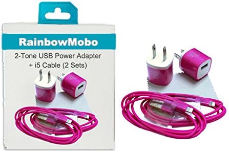 RainbowMOBO (TM) 2 Pack Charging Set incldues 2 x AC Power Travel Wall Adapter + 2 x 3 Feet 8-pin to USB 2.0 Charging + Data Sync Cable Cord for iPhone 5 / 5S / 5C / iPad 4 & mini & iPod Touch 7th (Rainbow Hot Pink)