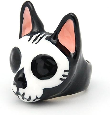 Mori Skull Cat Ring, 18k Gold Plated Brass, Hand Painted Enamel, Fashion Jewelry