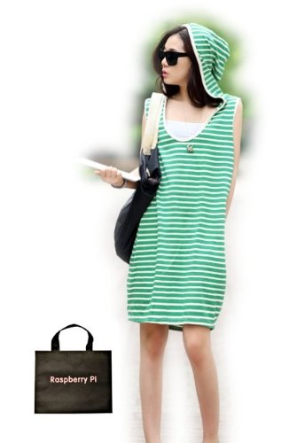 (ラズベリーパイ)RaspberryPi レディース ワンピース ボーダー ドレス ロング丈 ノースリーブ パーカー オリジナルエコバッグセット oc338