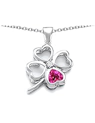 Celtic Love By Kelly (tm) Large 7mm Heart Shape Created Pink Sapphire Lucky Clover Heart Pendant in 925 Sterling Silver