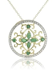 Yellow Gold Plated Sterling Silver Emerald Flower Pendant and Diamond Accent, 18"