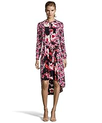 Sateen Round Neck Pleated Natural   Waistline High-Low-Hem Floral Print Long Sleeves  Shirt  Dress