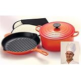 Review   / Le Creuset 3pc volcanic set Round grillit 18cm casserole & black oven mit with a FREE Tall Chefs Hat