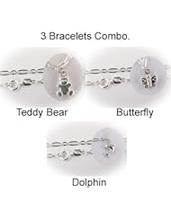 Three 925 Sterling Silver Dolphin, Bear, Butterfly Charm BRACELETS - Set of three