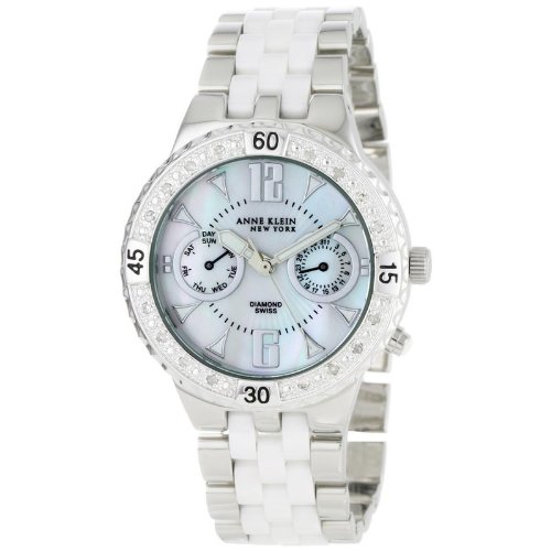 Anne Klein New York Women's 12-1641WMWB Diamond Accented White Ceramic and Stainless Steel Watch