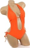 Sexy Deep Low Plunge Trendy Swimwear 2008 Style Monokini 1 One Piece Solid Orange Tie Side Swimsuit