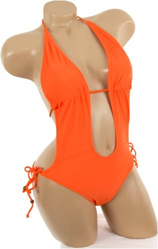 Sexy Deep Low Plunge Trendy Swimwear 2008 Style Monokini 1 One Piece Solid Orange Tie Side Swimsuit