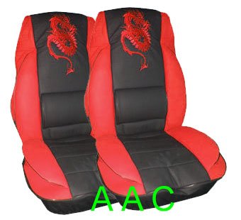 A Set of 2 Front Bucket Dragon Cushion Seat Covers with Lumbar Support - Red