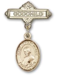 14K Gold Baby Badge with St. John Neumann Charm and Godchild Badge Pin