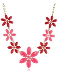 Red and Pink Cabochon Flower Statement Necklace, 18.5"+3" Extender