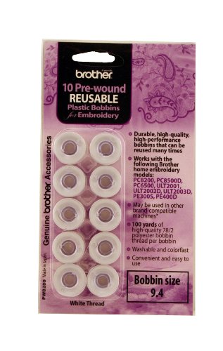 Brother PWB200 Prewound Embroidery Bobbin Thread 10pc White