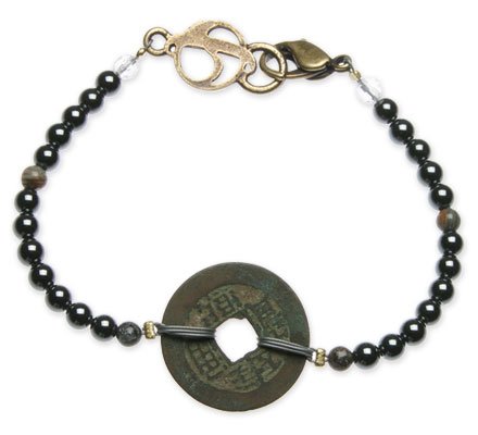 Hematite “Grounding” Bracelet with Chinese Coin – 4mm beads – 7 1/2″