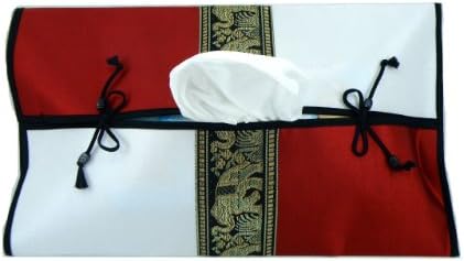 Handmade Tissue Paper Box Cover Sleeve Decorative Embroidered Gold Elephant on White & Red Silk Thailand Product
