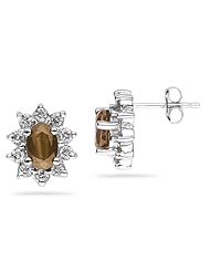 6X4mm Oval Shaped Smokey Quartz and Diamond Flower Earrings in 14k White Gold