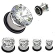 316L Surgical Steel Prong Set - CZ Single Flare Tunnels with 1 Black 0 - Ring - Light Weight - 8g - Sold in a Pair