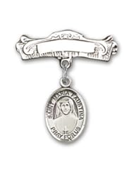 Sterling Silver Baby Badge with St. Maria Faustina Charm and Arched Polished Badge Pin