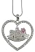 Adorable Heart Framed Kitty Face Crystal Rhinestone Pendant and Necklace with Pink Crystal Bow - Comes Gift Boxed