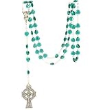 Rosary - Silver Toned Irish Celtic Cross with Green Glass Heart Beads and St. Patrick Insert Card