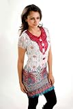 White crepe Kurti / Tunic / Womens Top / Kurta with pink neckline - Large