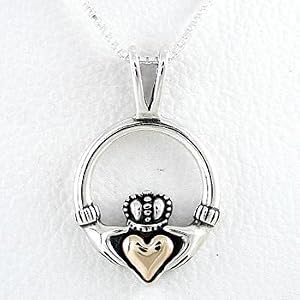 Round Claddagh Pendant in 14kt Gold and Sterling Silver on a 16" Box Chain, #8487