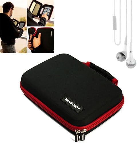 D2 Pad 7 Series D2-712 7 Inch Android Tablet All in One Harlin Carrying Case ( Black with Red Trim ) with Unique Device Friendly Velcro Strips, Portfolio Style Usability, 2 Accessory Pouches, 15 SD Card Slots, and Reinforced Exterior Shell + White Earbud Earphones with Remote for No Look, On the GO Functions