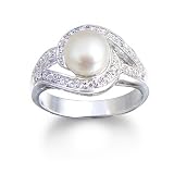 STERLING SILVER pearl and CZ swirl ring, Cheline