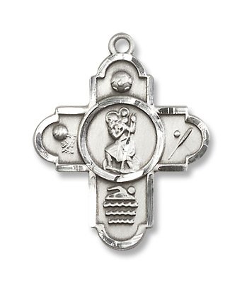 Sterling Silver 5-Way St Christopher Sports Medal with 24″ Stainless Chain Swimming Soccer Baseball Basketball in Gift Box