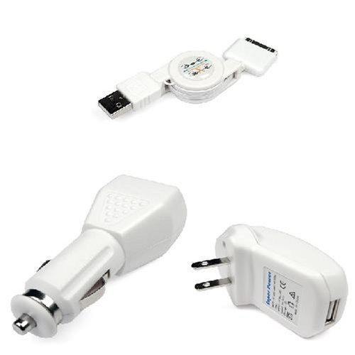 Retractable Hotsysnc And Charging USB Data Cable + USB Car Charger + USB Home Travel Charger for Apple iPhone 3G / Apple iPhone 3GS.
