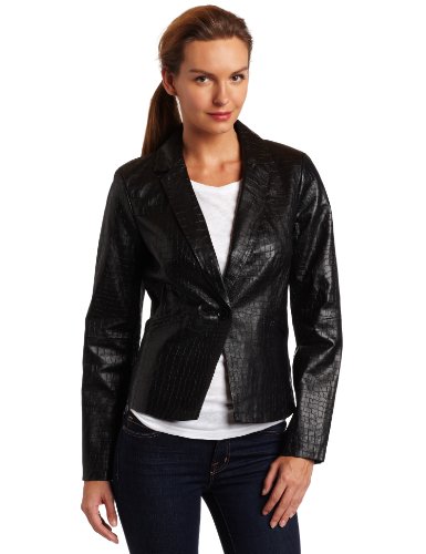 Ak Anne Klein Women's Embossed Leather Jacket, Black, Small