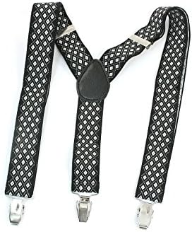 Elastic Fabric Lozenge Pattern Metal Clip Suspender Braces White Black