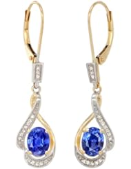 14k Gold 3/4 in. (19mm) tall Lever Back Dangle Earrings, w/ 0.13 Carat Brilliant Cut Diamonds & 2.40 Carats Oval Cut 7x5mm Blue Sapphire Stones
