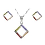 Sterling Silver Multicolored Square Necklace and Earring Set